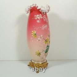 Antique Victorian Enamel Glass Vase Peach Blown Cased Glass Ruffled Rim Ormolu