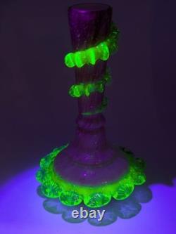 Antique Victorian Frilly Pink Spangle Glass Uranium Vase UV Glowing