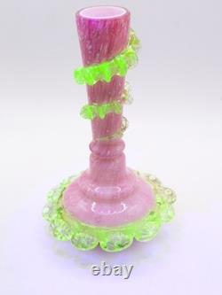 Antique Victorian Frilly Pink Spangle Glass Uranium Vase UV Glowing