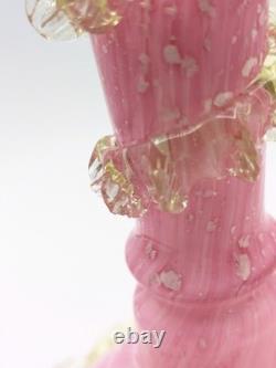 Antique Victorian Frilly Pink Spangle Glass Uranium Vase UV Glowing
