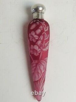 Antique Victorian Perfume Vial Bottle English Pink Cameo Art Glass Sterling Top