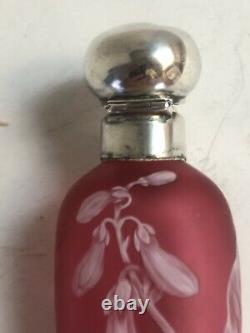 Antique Victorian Perfume Vial Bottle English Pink Cameo Art Glass Sterling Top