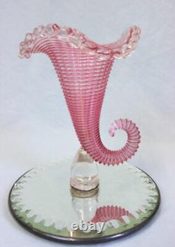 Antique Victorian Pink Cranberry Glass Cornucopia Vase