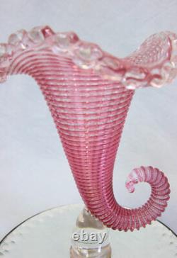 Antique Victorian Pink Cranberry Glass Cornucopia Vase