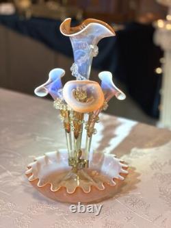 Antique Victorian Pink Opalescent Art Glass Epergne