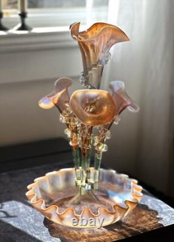 Antique Victorian Pink Opalescent Art Glass Epergne