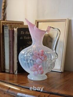 Antique Victorian Stourbridge Vaseline Glass Applique Flowers Opalescent Jug