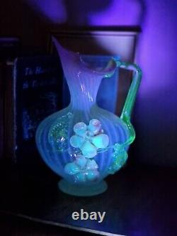 Antique Victorian Stourbridge Vaseline Glass Applique Flowers Opalescent Jug