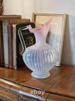 Antique Victorian Stourbridge Vaseline Glass Applique Flowers Opalescent Jug