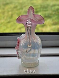 Antique Victorian Stourbridge Vaseline Glass Applique Flowers Opalescent Jug