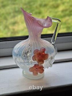 Antique Victorian Stourbridge Vaseline Glass Applique Flowers Opalescent Jug