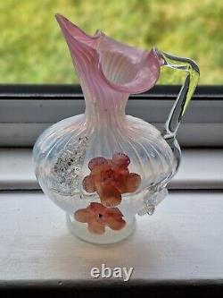 Antique Victorian Stourbridge Vaseline Glass Applique Flowers Opalescent Jug