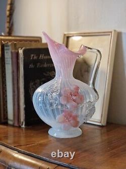 Antique Victorian Stourbridge Vaseline Glass Applique Flowers Opalescent Jug