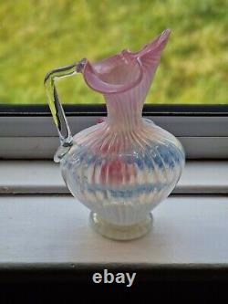 Antique Victorian Stourbridge Vaseline Glass Applique Flowers Opalescent Jug