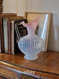 Antique Victorian Stourbridge Vaseline Glass Applique Flowers Opalescent Jug