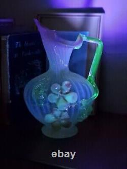 Antique Victorian Stourbridge Vaseline Glass Applique Flowers Opalescent Jug