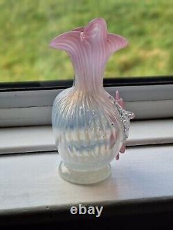 Antique Victorian Stourbridge Vaseline Glass Applique Flowers Opalescent Jug