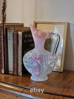 Antique Victorian Stourbridge Vaseline Glass Applique Flowers Opalescent Jug