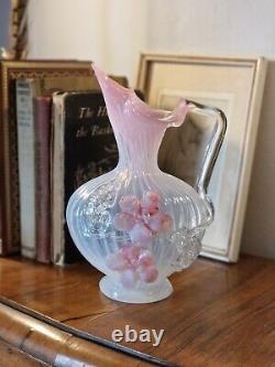 Antique Victorian Stourbridge Vaseline Glass Applique Flowers Opalescent Jug