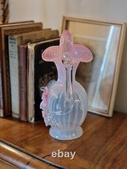 Antique Victorian Stourbridge Vaseline Glass Applique Flowers Opalescent Jug