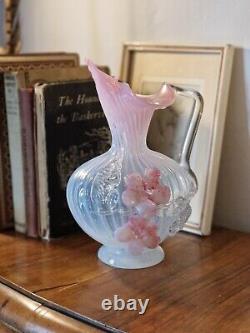 Antique Victorian Stourbridge Vaseline Glass Applique Flowers Opalescent Jug