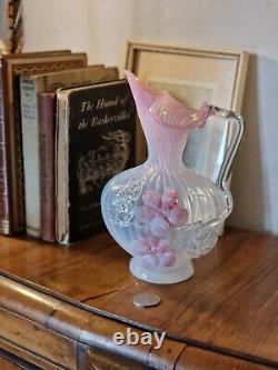 Antique Victorian Stourbridge Vaseline Glass Applique Flowers Opalescent Jug