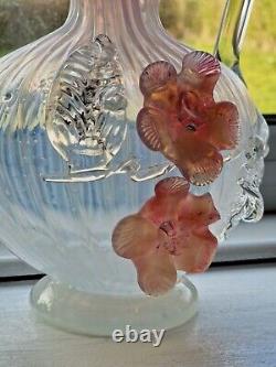 Antique Victorian Stourbridge Vaseline Glass Applique Flowers Opalescent Jug