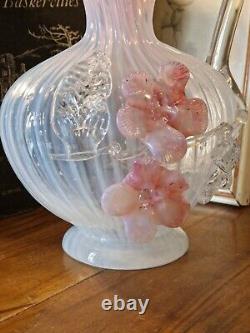 Antique Victorian Stourbridge Vaseline Glass Applique Flowers Opalescent Jug