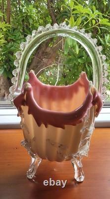 Antique Victorian Uranium ART GLASS BASKET VASE Applied Rigaree Cased White Pink