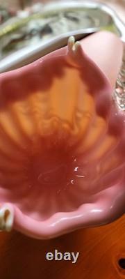 Antique Victorian Uranium ART GLASS BASKET VASE Applied Rigaree Cased White Pink