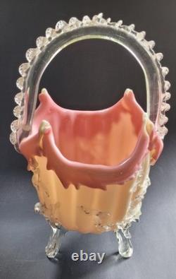 Antique Victorian Uranium ART GLASS BASKET VASE Applied Rigaree Cased White Pink