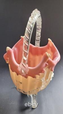 Antique Victorian Uranium ART GLASS BASKET VASE Applied Rigaree Cased White Pink