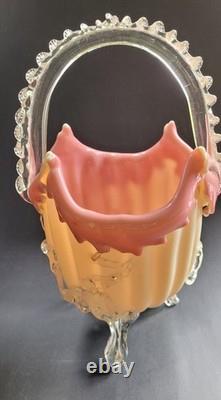 Antique Victorian Uranium ART GLASS BASKET VASE Applied Rigaree Cased White Pink