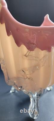 Antique Victorian Uranium ART GLASS BASKET VASE Applied Rigaree Cased White Pink