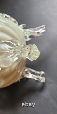 Antique Victorian Uranium ART GLASS BASKET VASE Applied Rigaree Cased White Pink