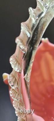 Antique Victorian Uranium ART GLASS BASKET VASE Applied Rigaree Cased White Pink