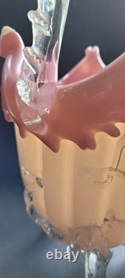 Antique Victorian Uranium ART GLASS BASKET VASE Applied Rigaree Cased White Pink