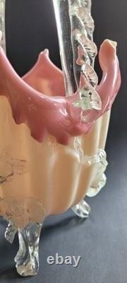 Antique Victorian Uranium ART GLASS BASKET VASE Applied Rigaree Cased White Pink