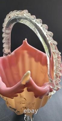 Antique Victorian Uranium ART GLASS BASKET VASE Applied Rigaree Cased White Pink