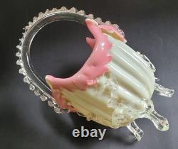 Antique Victorian Uranium ART GLASS BASKET VASE Applied Rigaree Cased White Pink
