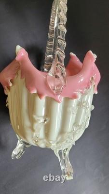 Antique Victorian Uranium ART GLASS BASKET VASE Applied Rigaree Cased White Pink