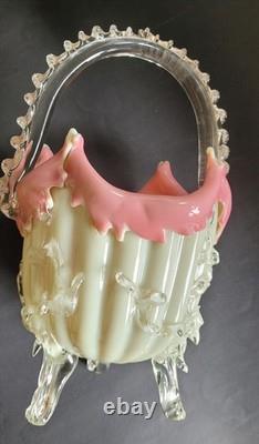 Antique Victorian Uranium ART GLASS BASKET VASE Applied Rigaree Cased White Pink