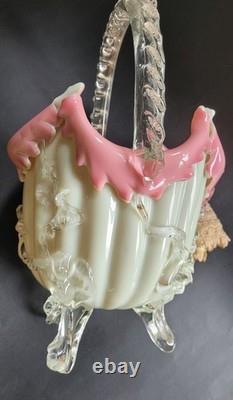Antique Victorian Uranium ART GLASS BASKET VASE Applied Rigaree Cased White Pink