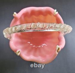 Antique Victorian Uranium ART GLASS BASKET VASE Applied Rigaree Cased White Pink