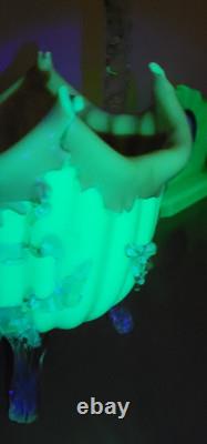 Antique Victorian Uranium ART GLASS BASKET VASE Applied Rigaree Cased White Pink