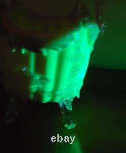 Antique Victorian Uranium ART GLASS BASKET VASE Applied Rigaree Cased White Pink