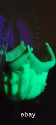 Antique Victorian Uranium ART GLASS BASKET VASE Applied Rigaree Cased White Pink