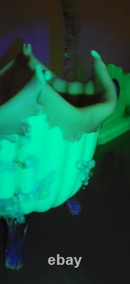 Antique Victorian Uranium ART GLASS BASKET VASE Applied Rigaree Cased White Pink