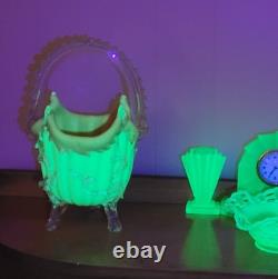 Antique Victorian Uranium ART GLASS BASKET VASE Applied Rigaree Cased White Pink