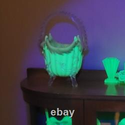 Antique Victorian Uranium ART GLASS BASKET VASE Applied Rigaree Cased White Pink